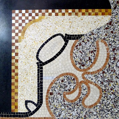 Restauratie mozaïek en terrazzo. Renovatie en aanleg van terrazzo vloeren, mozaïek decoraties, trappen, aanrechtbladen.